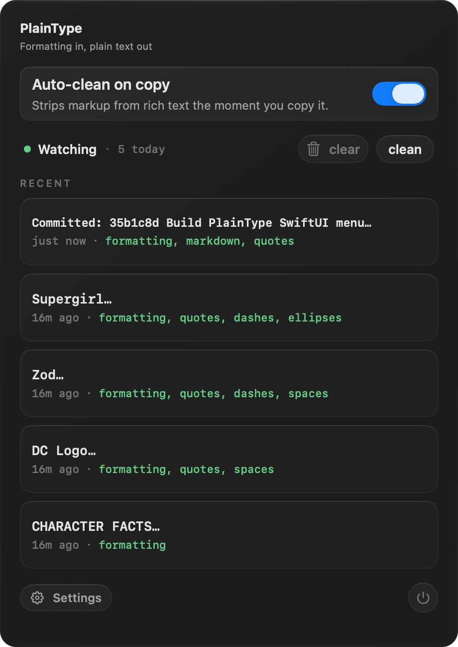 PlainType for Mac showing recent clipboard cleans and the auto-clean toggle
