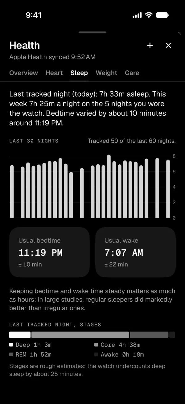 Health sleep tab: nights as bars with gaps, bedtime consistency