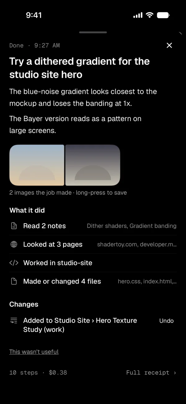 A finished job's page: what it found, the files it made, and what it did