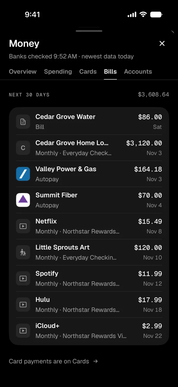 Money bills: card payoff rings, what's due, subscriptions