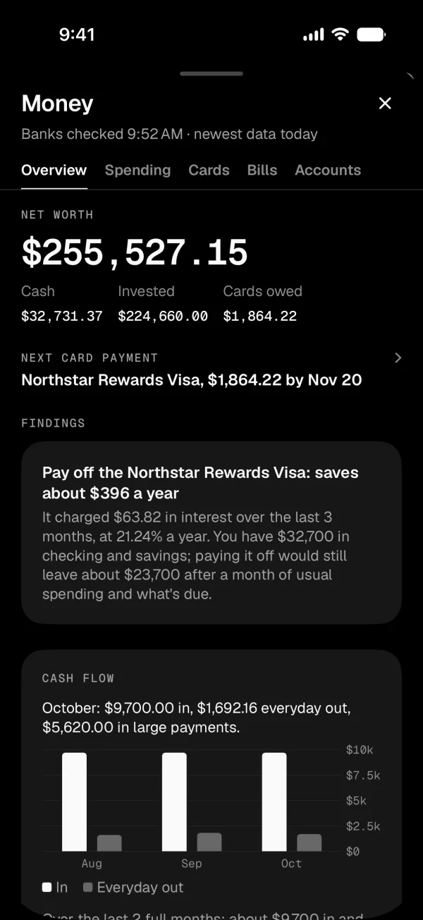Money overview: net worth, what needs a look, and this month's spending