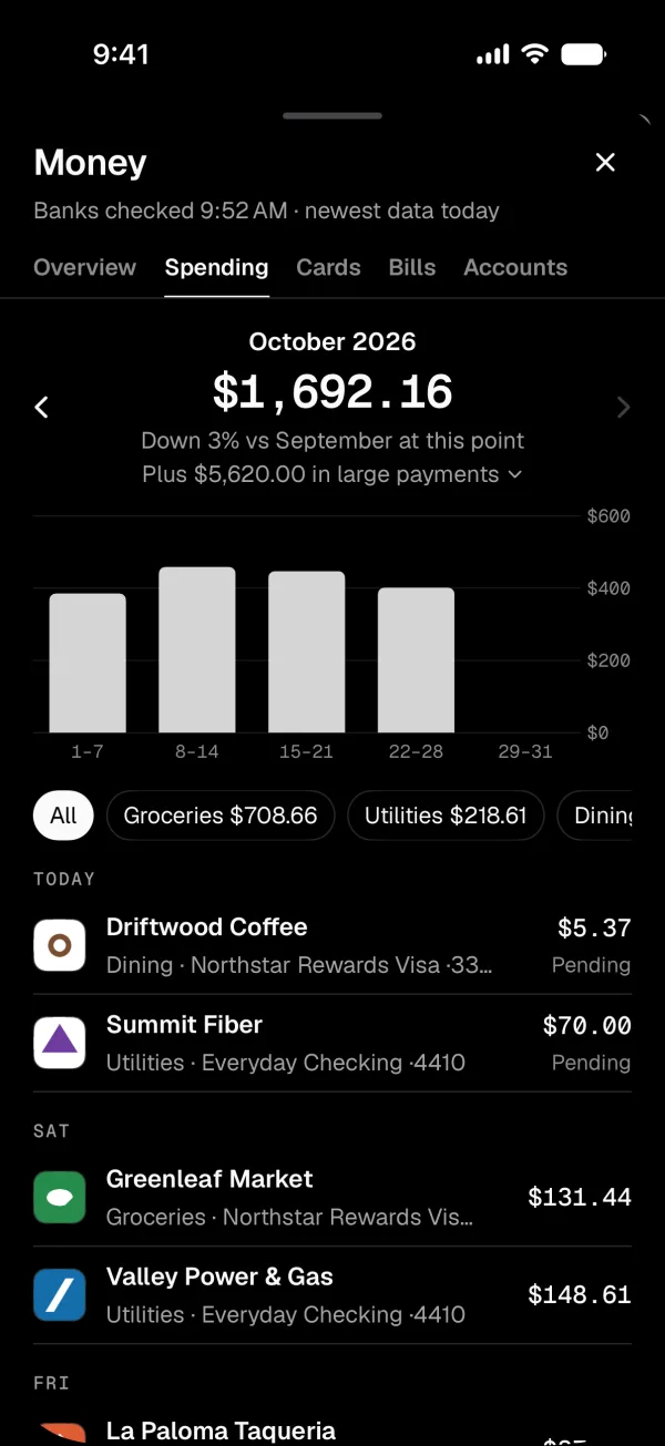 Money spending: weekly bars by category, large one-offs set apart