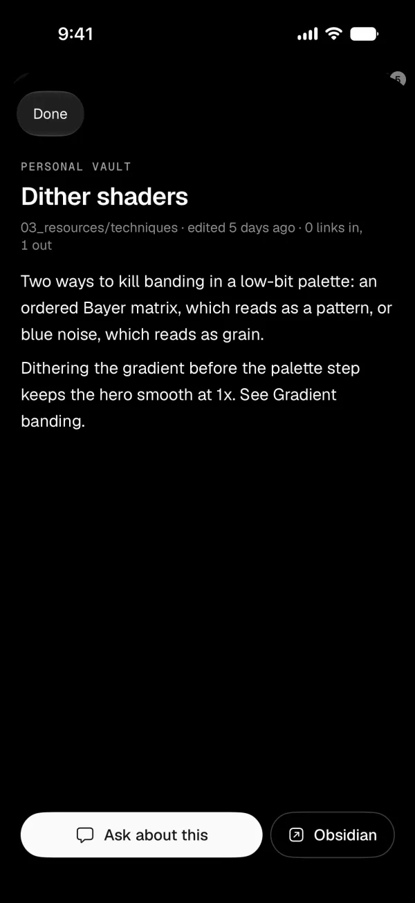 A read-only preview of a note with Ask about this and Open in Obsidian