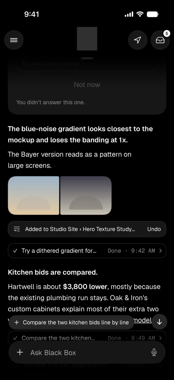 A reply with a receipt line that says where a note was saved, with Undo
