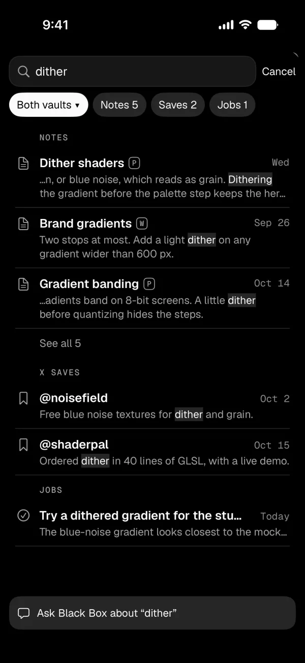 Search results for one word across both vaults, X saves and a job