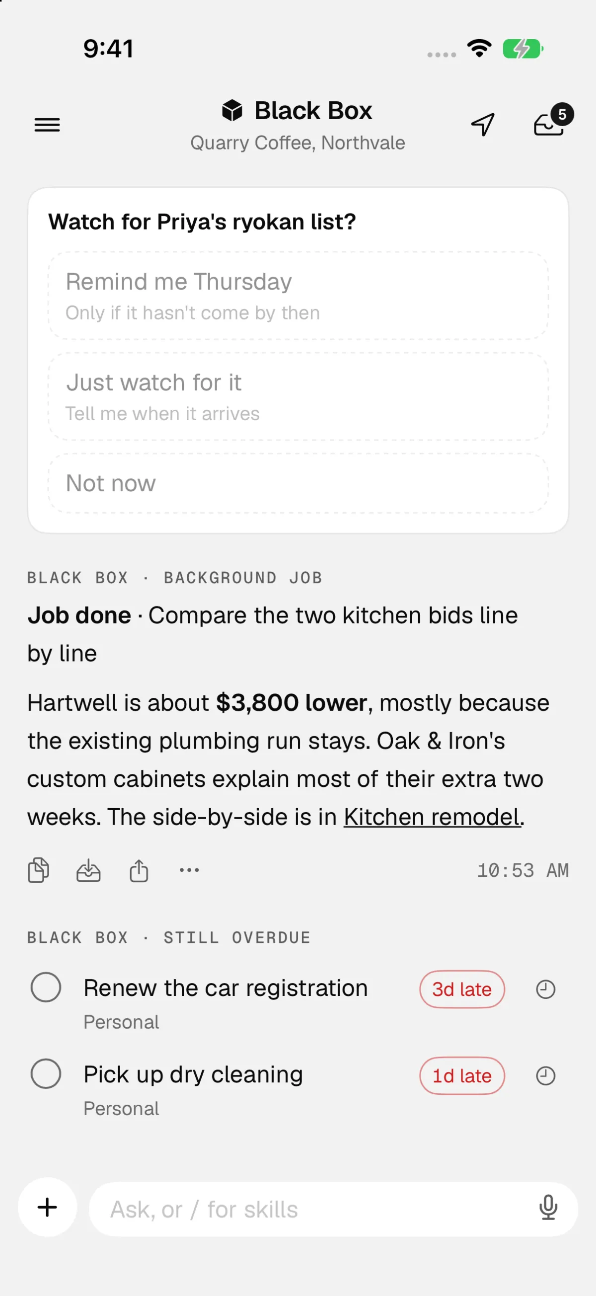 The Black Box chat with the current place, Quarry Coffee, Northvale, under the app's title.