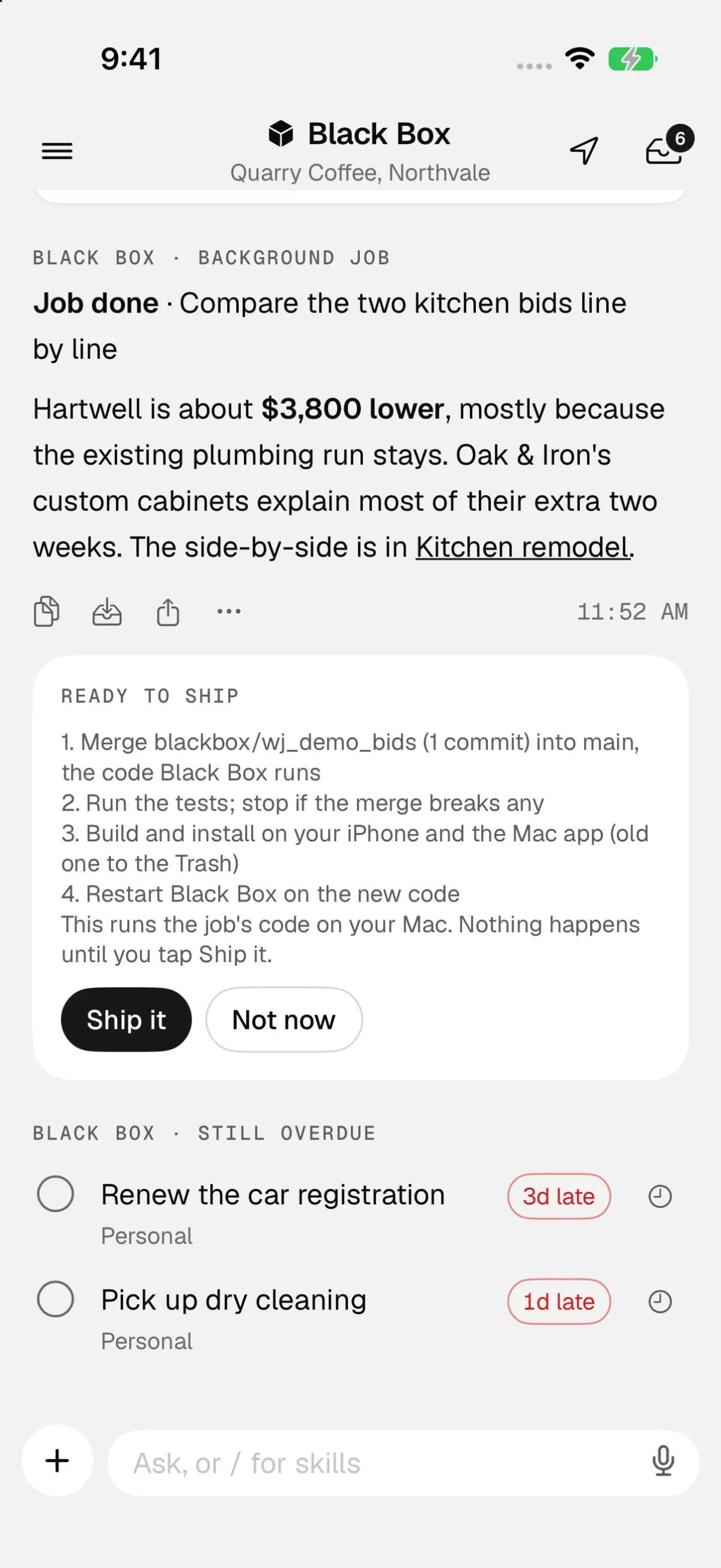 The chat with a Ready to ship card listing four steps: merge the job's branch into main, run the tests, build and install on iPhone and Mac, and restart Black Box, with Ship it and Not now buttons.