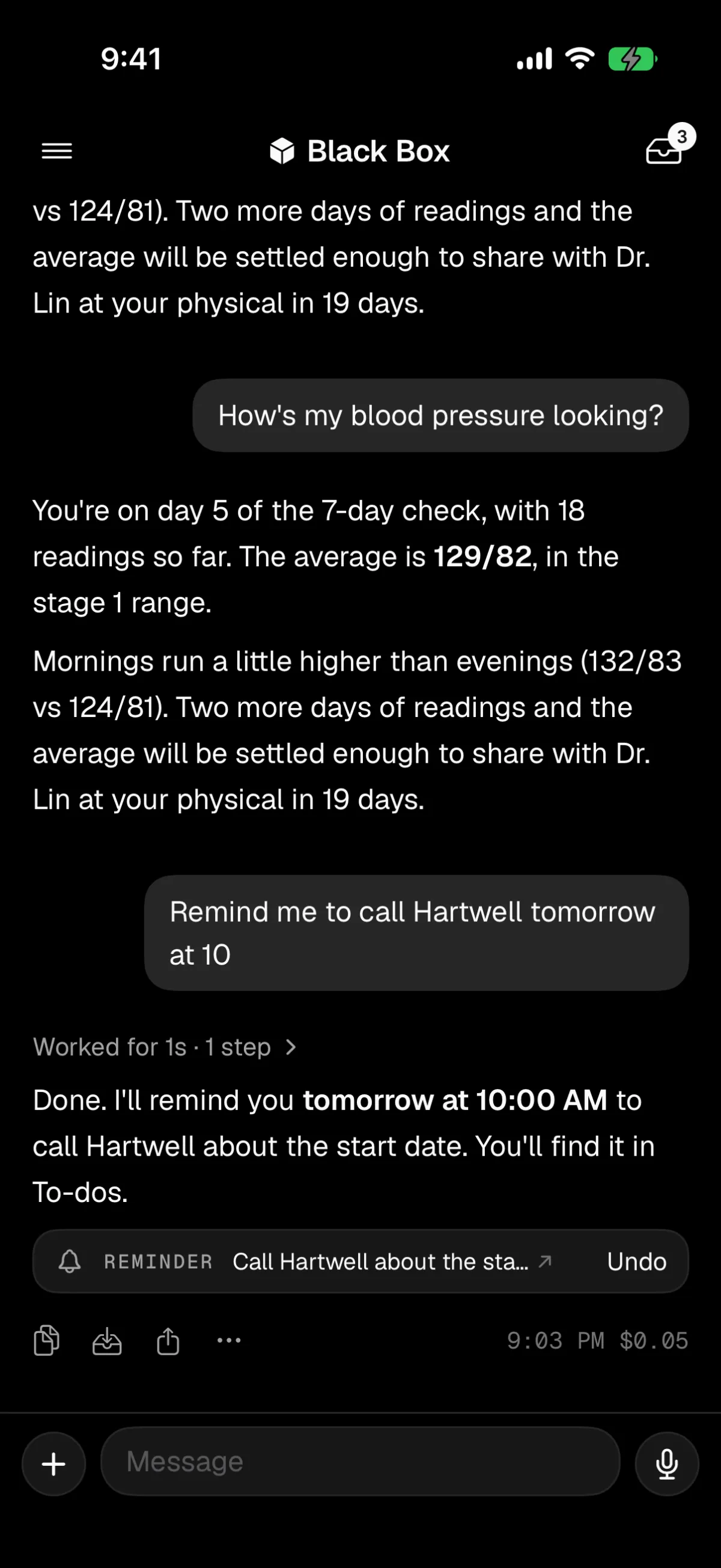 A chat answering How's my blood pressure looking with day 5 of a 7-day check at 129/82, then a reminder to call Hartwell tomorrow at 10:00 AM with an Undo.