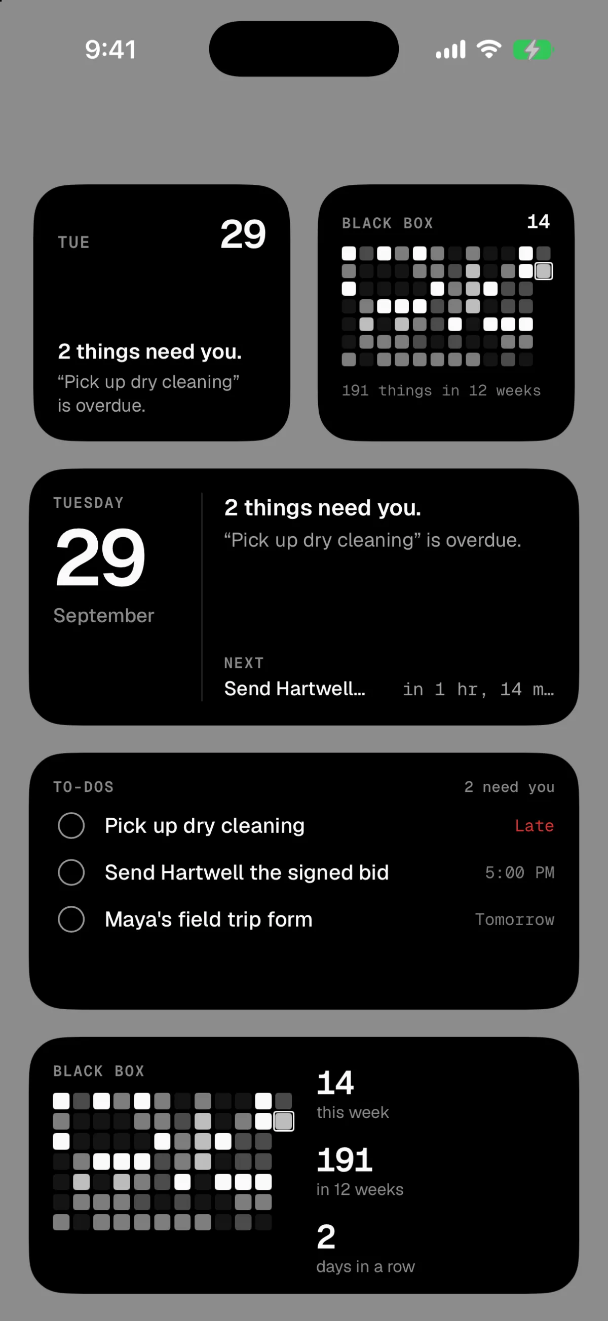 Home screen widgets for Tuesday, September 29: 2 things need you with the dry cleaning overdue, an activity grid, and to-dos including Send Hartwell the signed bid at 5:00 PM and Maya's field trip form tomorrow.