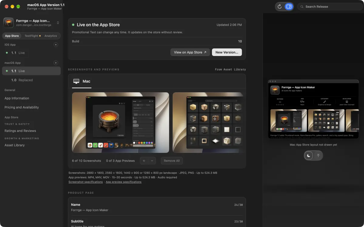 Forrrge's Mac version, with its Mac screenshots and store preview.