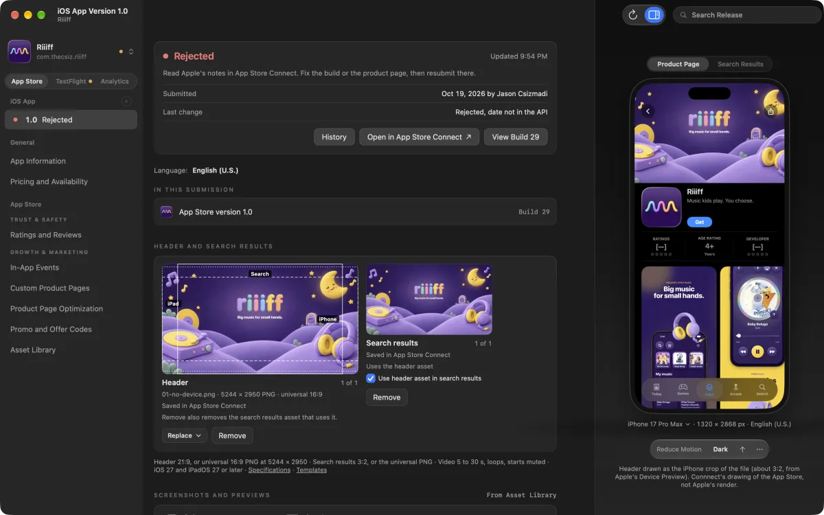 Riiiff's version page, with its header artwork and a preview of its App Store page.