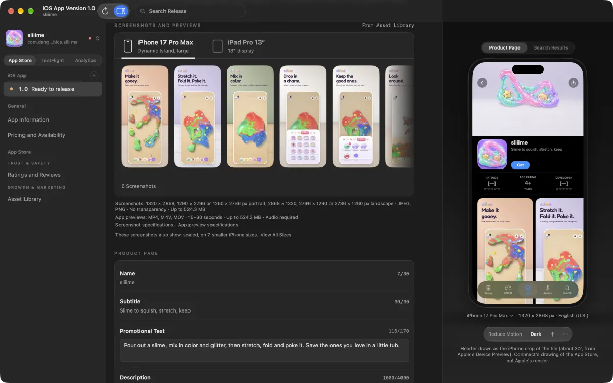 sliiime ready to release, with its screenshots and store preview.
