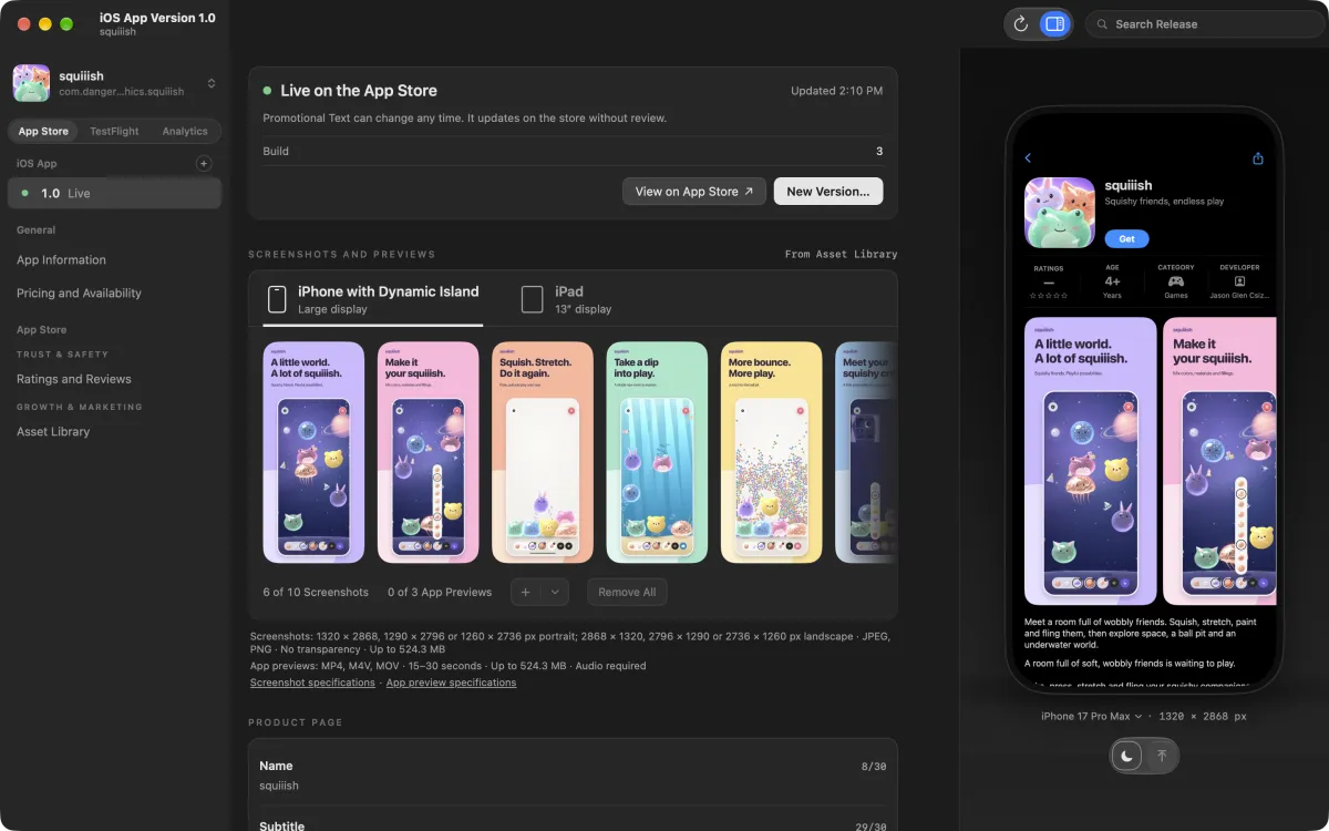squiiish live on the App Store, with its screenshot row and store preview.