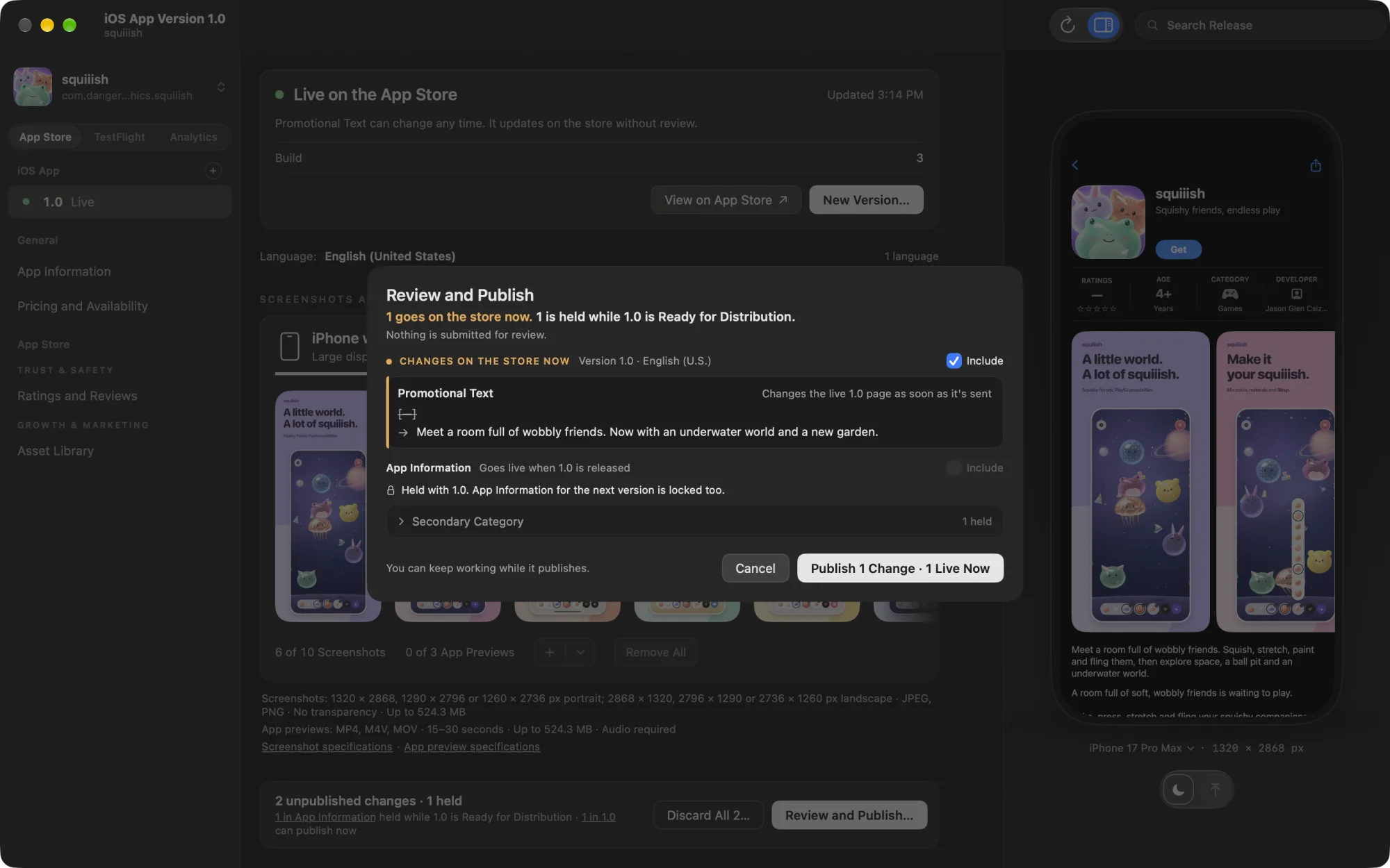 The Review and Publish sheet for squiiish. Promotional Text goes from empty to a new line about an underwater world and a new garden, a Secondary Category change is held until 1.0 is released, and the button reads Publish 1 Change, 1 Live Now.