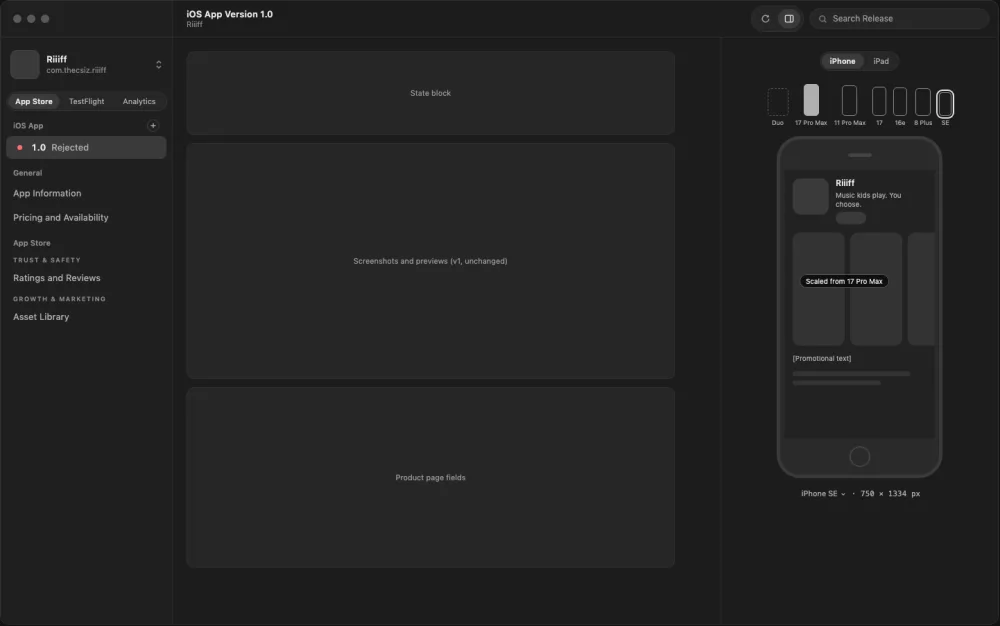 A wireframe of Riiiff's version page, stacked gray blocks and a device-size picker.