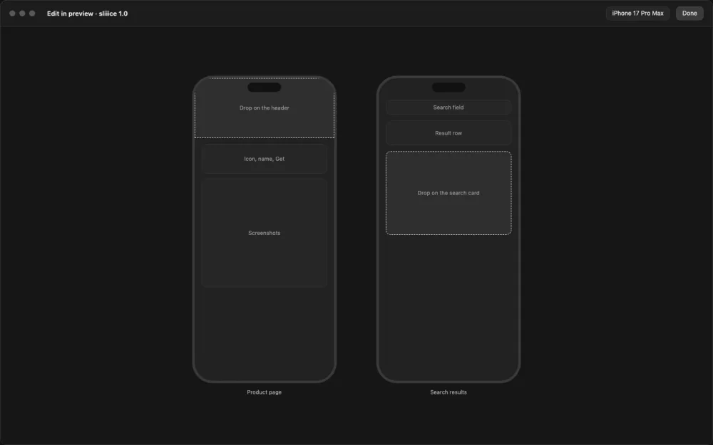 A wireframe with two phone outlines, the product page and search results.